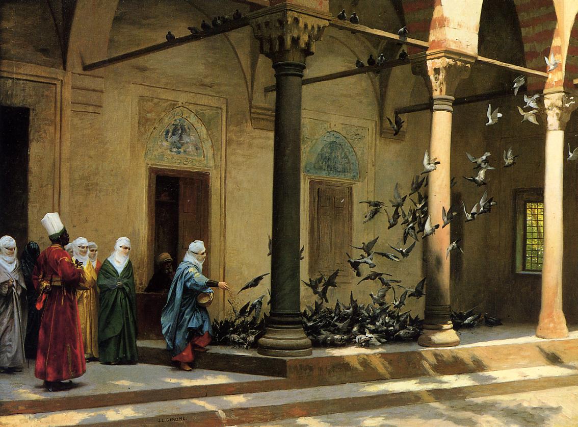 Жан-Леон Жером. Женщины гарема, кормящие голубей во внутреннем дворе.